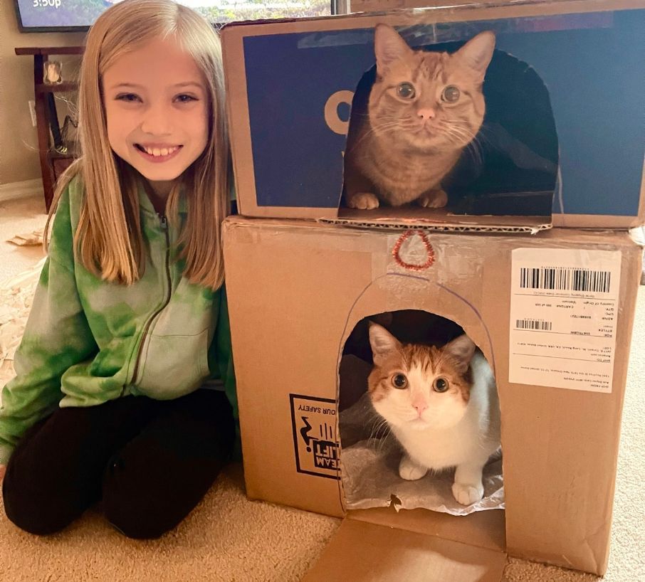 My daughter Ella with her homemade cat house and kitties, Gracie and her brother Gizzy