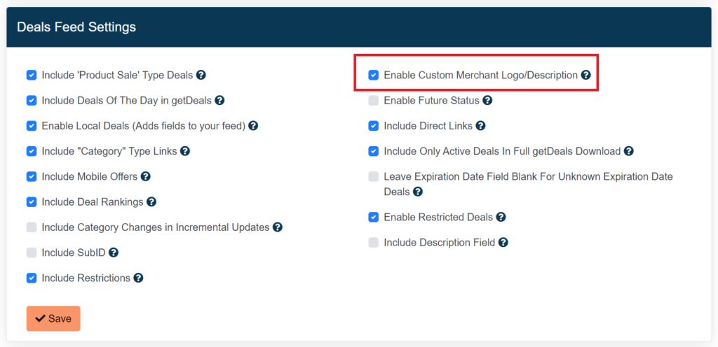 FMTC Deals Feed Settings enabling custom merchant logos for the getLogos API call